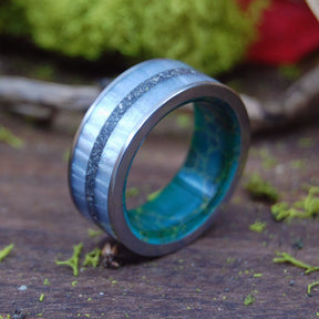 DIVE IN | Gray Marbled Resin, Beach Sand, & Egyptian Jade Titanium Wedding Ring - Minter and Richter Designs
