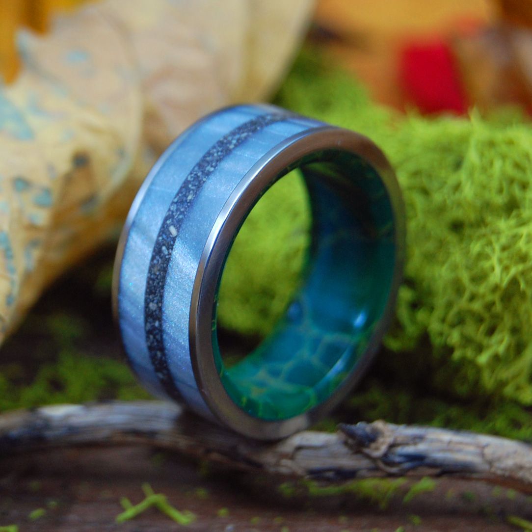 DIVE IN | Gray Marbled Resin, Beach Sand, & Egyptian Jade Titanium Wedding Ring - Minter and Richter Designs