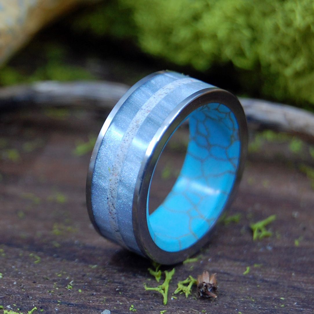 HOLD ME CLOSER | Gray Marbled Resin, Beach Sand, & Tibetan Turquoise Titanium Wedding Ring - Minter and Richter Designs