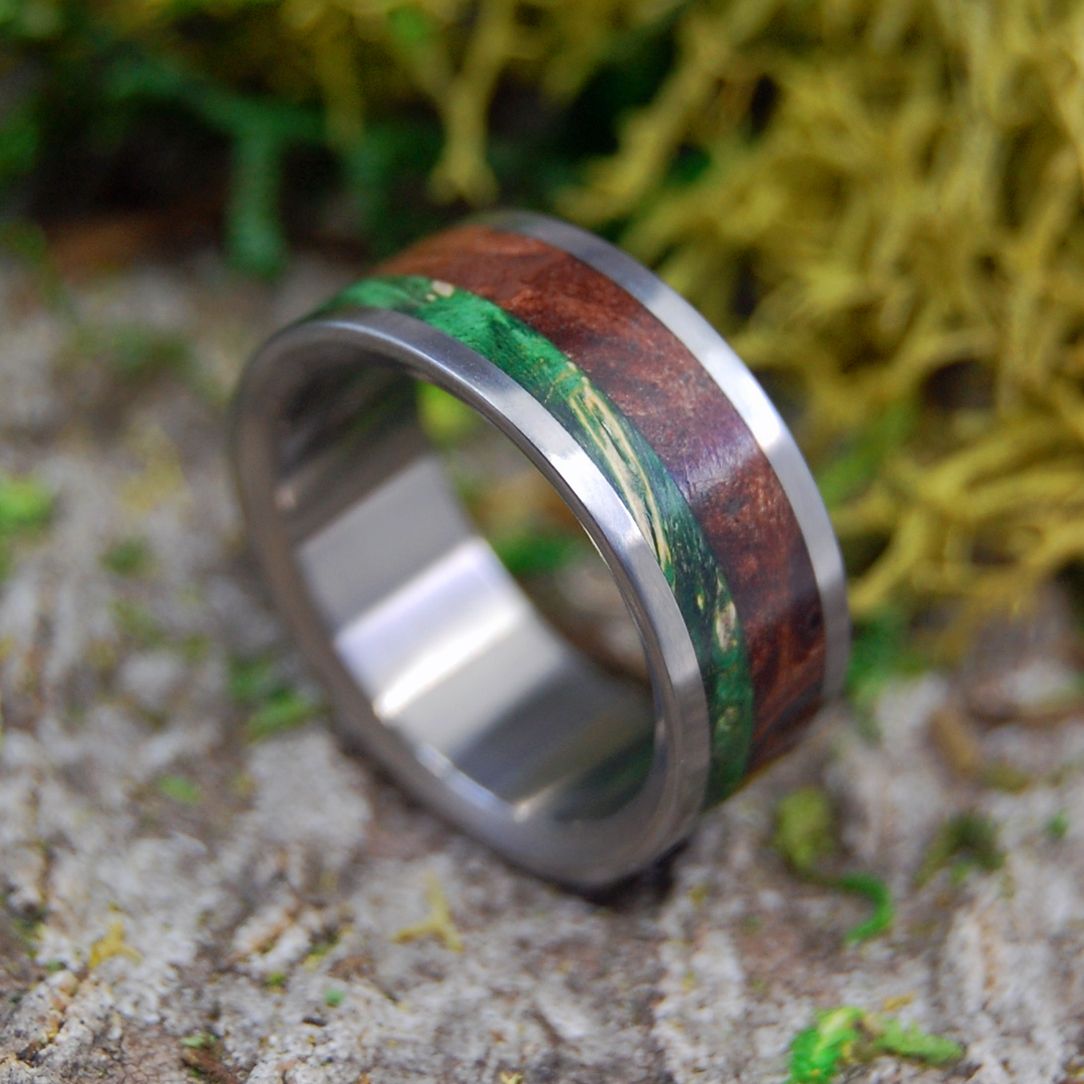 OUR PARK BENCH | Green Box Elder Wood & Thuya Burl Titanium Wedding Ring - Minter and Richter Designs