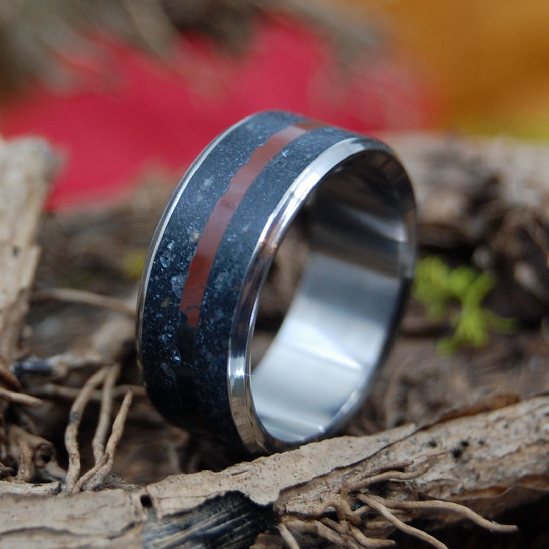 IN THE SHADOWS | Icelandic Beach Sand & Black Jasper Stone Titanium Wedding Ring - Minter and Richter Designs