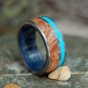 CLARITY | Mokume Gane, Maple & Tibetan Turquoise Titanium Wedding Ring - Minter and Richter Designs