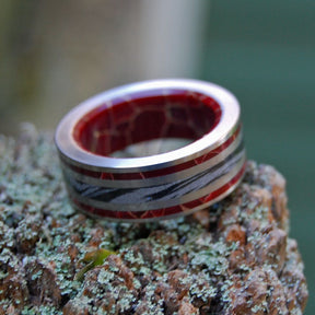 EMBERS OF LOVE | Gray Mokume Gane & Red Jasper Titanium Wedding Ring - Minter and Richter Designs
