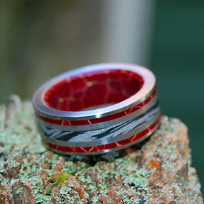 EMBERS OF LOVE | Gray Mokume Gane & Red Jasper Titanium Wedding Ring - Minter and Richter Designs