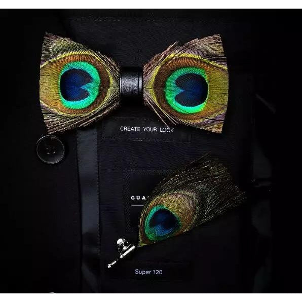 PEACOCK FEATHER BOW TIE WITH LAPEL PIN SET - Handmade Bow Tie - Groomsmen Gift - Minter and Richter Designs