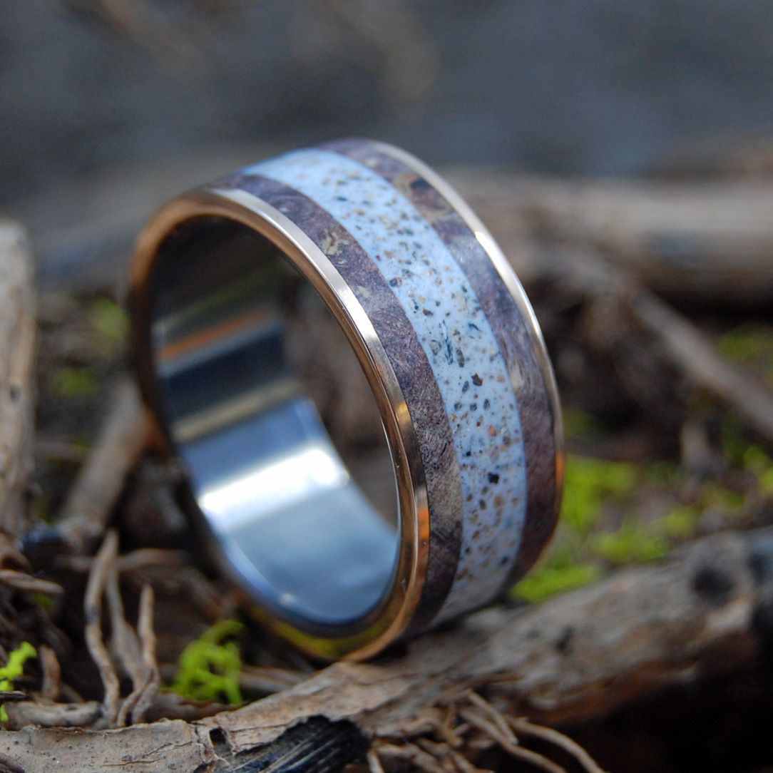 MARRY ME IN P-TOWN | Provincetown Beach Sand, Bronze, & Maple Wood Titanium Wedding Ring - Minter and Richter Designs