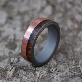 LOCO COCO | Cocobolo Wood, Copper & Onyx Stone Titanium Wedding Rings - Minter and Richter Designs