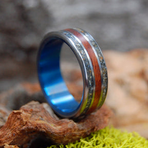 WOOD AND BEACH BLUE | Amboyna Burl & Beach Sand Titanium Wedding Rings - Minter and Richter Designs