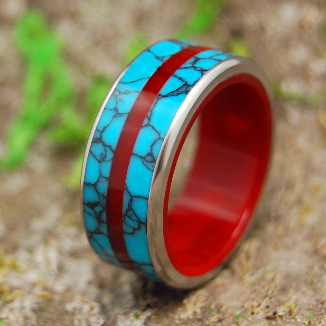 ARCTIC FIRE'S DESIRE | Turquoise & Red Resin Titanium Custom Men's Wedding Rings - Minter and Richter Designs