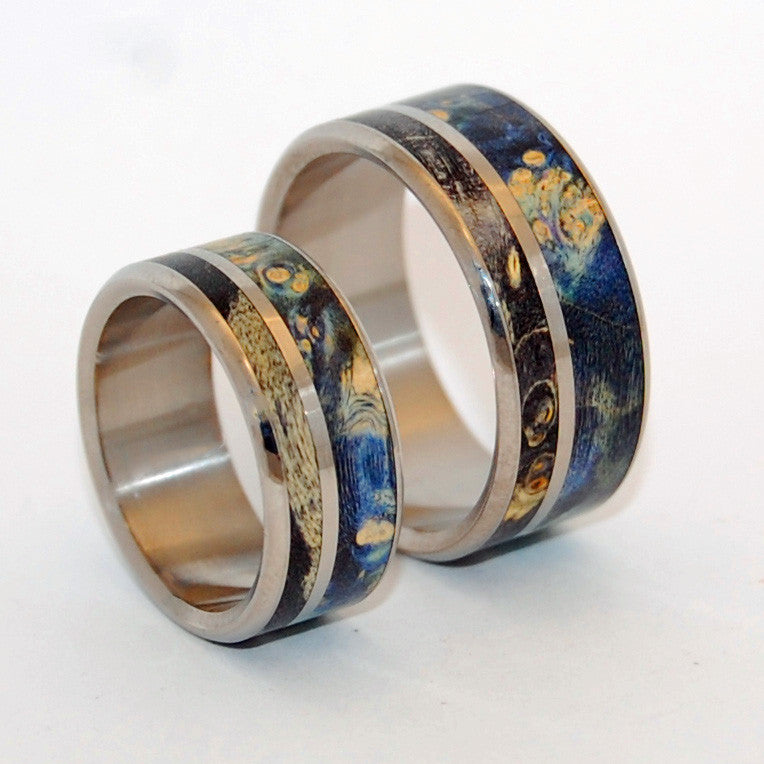 ALWAYS WITHIN YOUR REACH | Titanium & Blue Wood Wedding Rings Set - Minter and Richter Designs