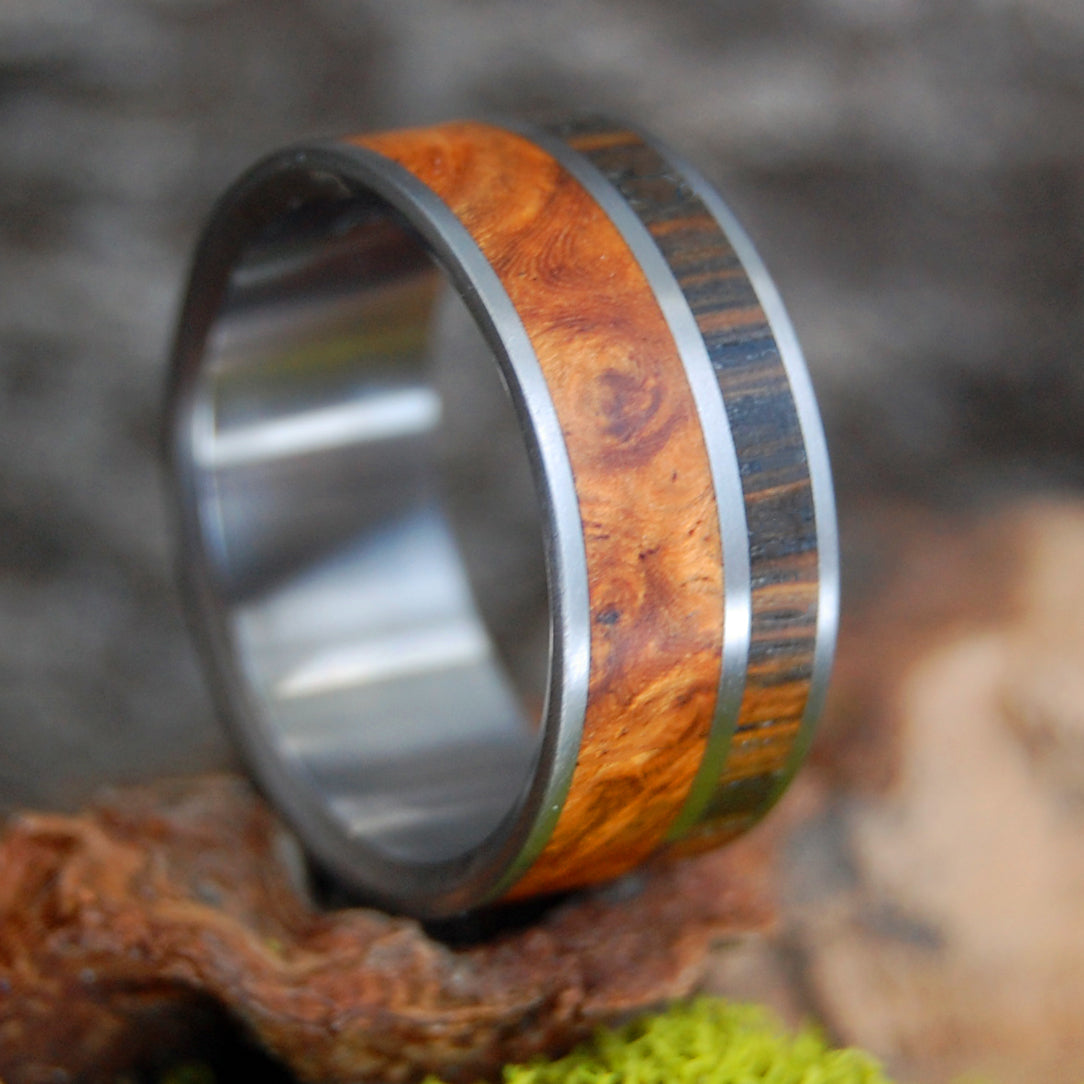 IRISH EYES | Irish Bog Oak & Amboyna Wood - Titanium Men's Wedding Rings - Minter and Richter Designs