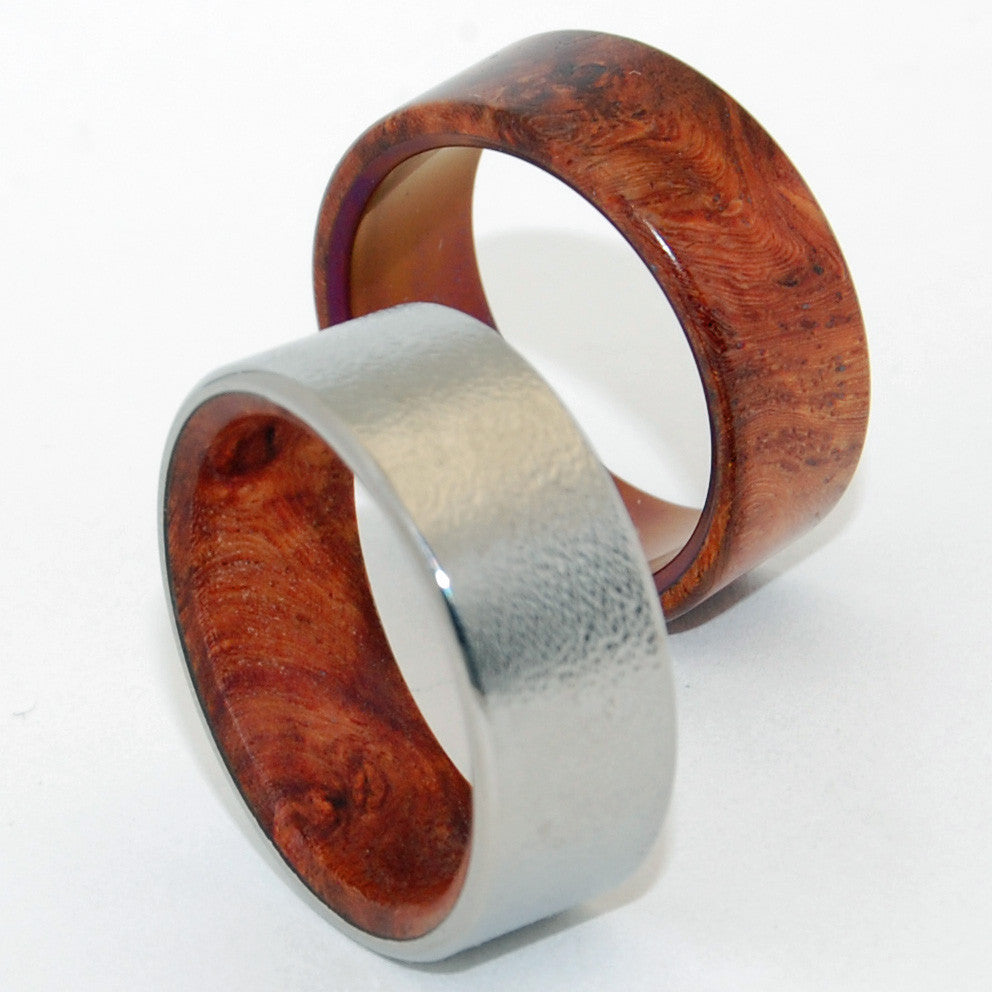 COMMUNION SANCTUM | Amboyna Wood & Titanium - Unique Wedding Rings set - Minter and Richter Designs