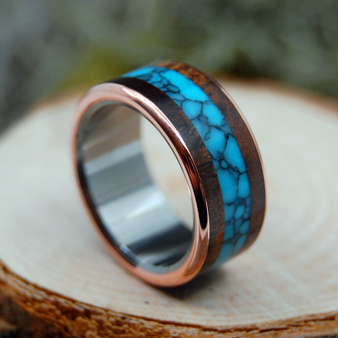 AMERICAN EXPLORER |  Turquoise & Redwood Copper Wedding Rings - Unique Wedding Rings - Minter and Richter Designs