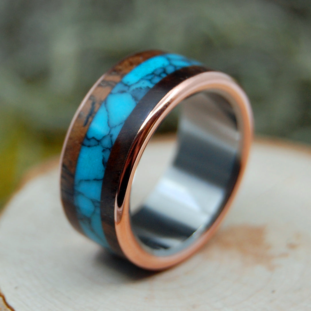 AMERICAN EXPLORER |  Turquoise & Redwood Copper Wedding Rings - Unique Wedding Rings - Minter and Richter Designs