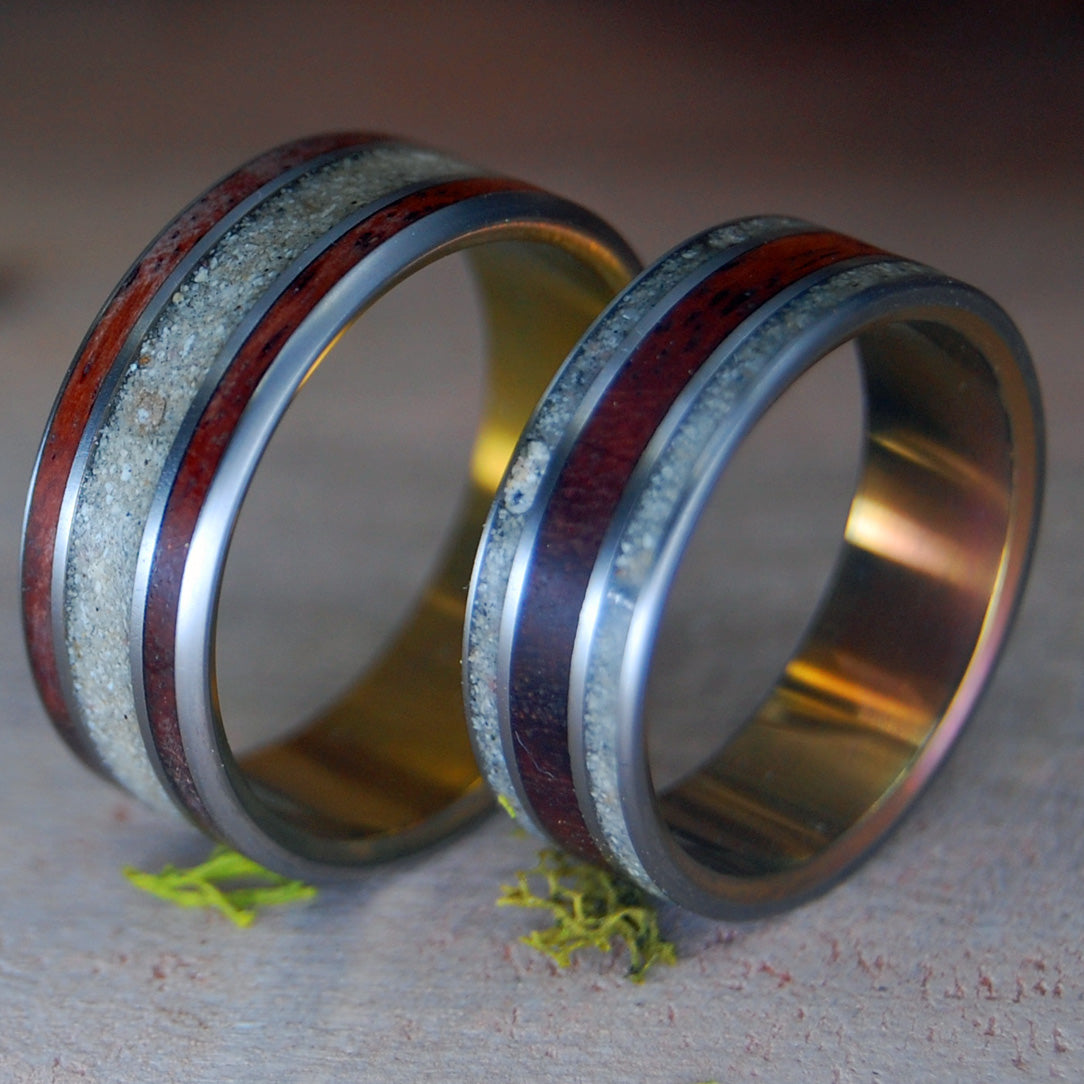 Wood & Beach Sunset | Amboyna Burl & Beach Sand Titanium Wedding Ring Set - Minter and Richter Designs