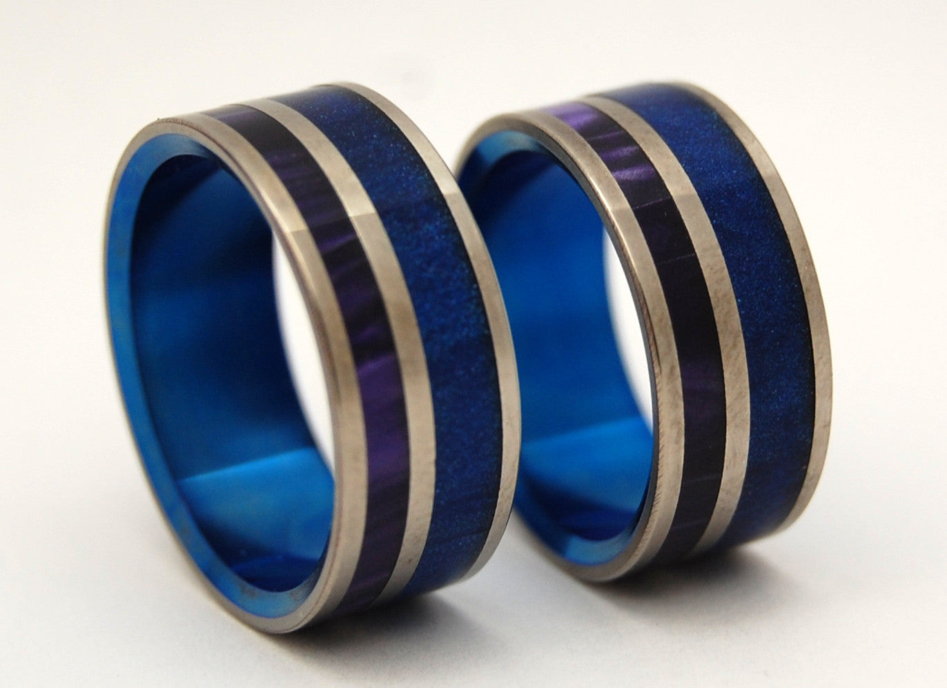 BEHIND THE FALLS | Blue & Purple Resin - Matching Titanium Wedding Rings Set - Minter and Richter Designs