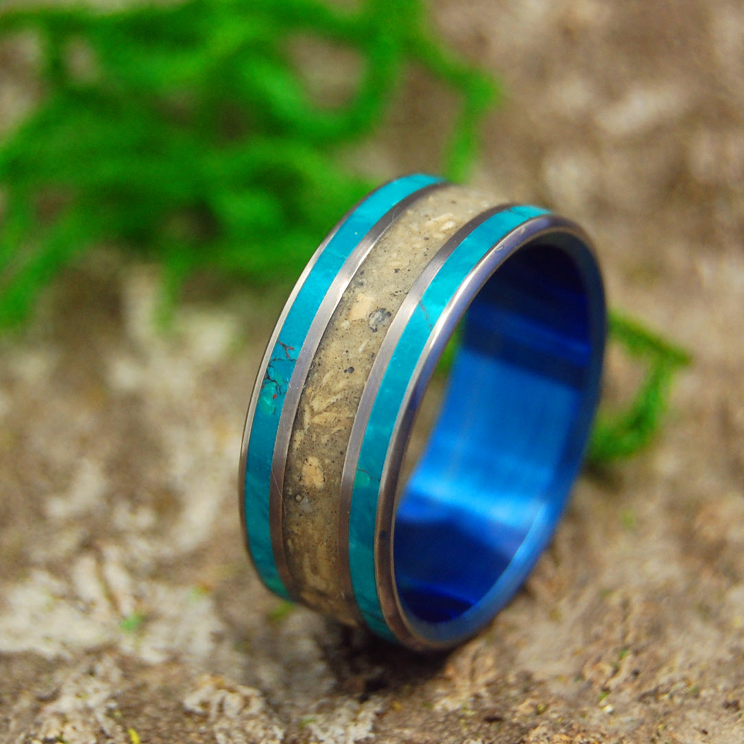 BLUE SEA OF GALILEE | Chrysocolla & Crushed Israel Stone Unique Wedding Rings for Men - Minter and Richter Designs