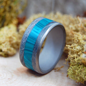 WE ARE AS SWIMMERS | Blue Maple Wood & Chrysocolla Stone - Titanium & Wood Mens Wedding Rings - Minter and Richter Designs