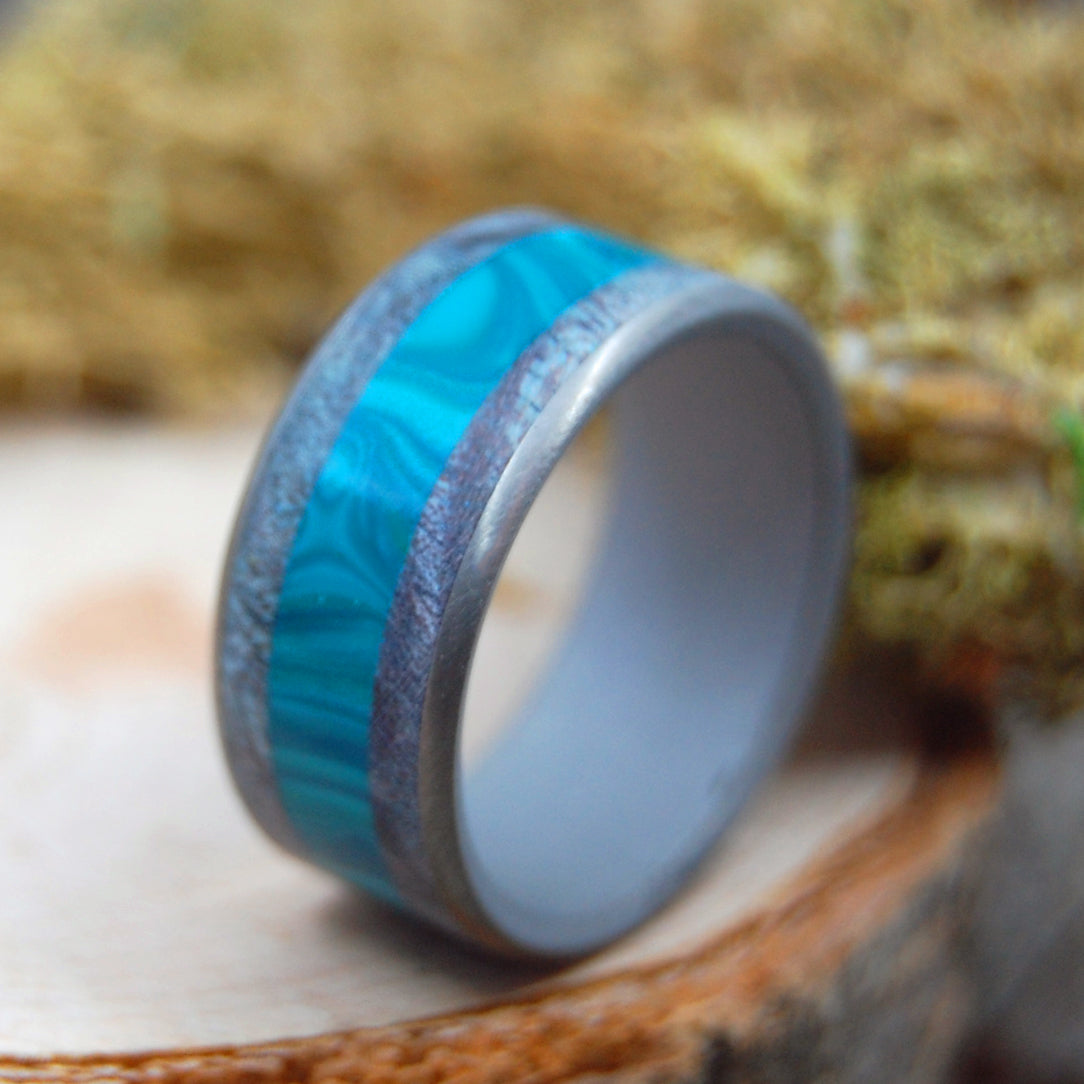 WE ARE AS SWIMMERS | Blue Maple Wood & Chrysocolla Stone - Titanium & Wood Mens Wedding Rings - Minter and Richter Designs