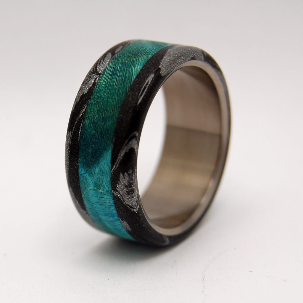 BRIGHT GREEK GOD | Turquoise Blue Box Elder Wood & Black M3 Titanium Wedding Rings - Minter and Richter Designs