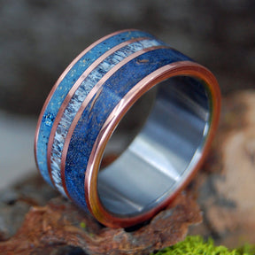 MOOSE KING | Moose Antler & Blue Maple Wood & Beach Sand - Unique Wedding Rings - Minter and Richter Designs