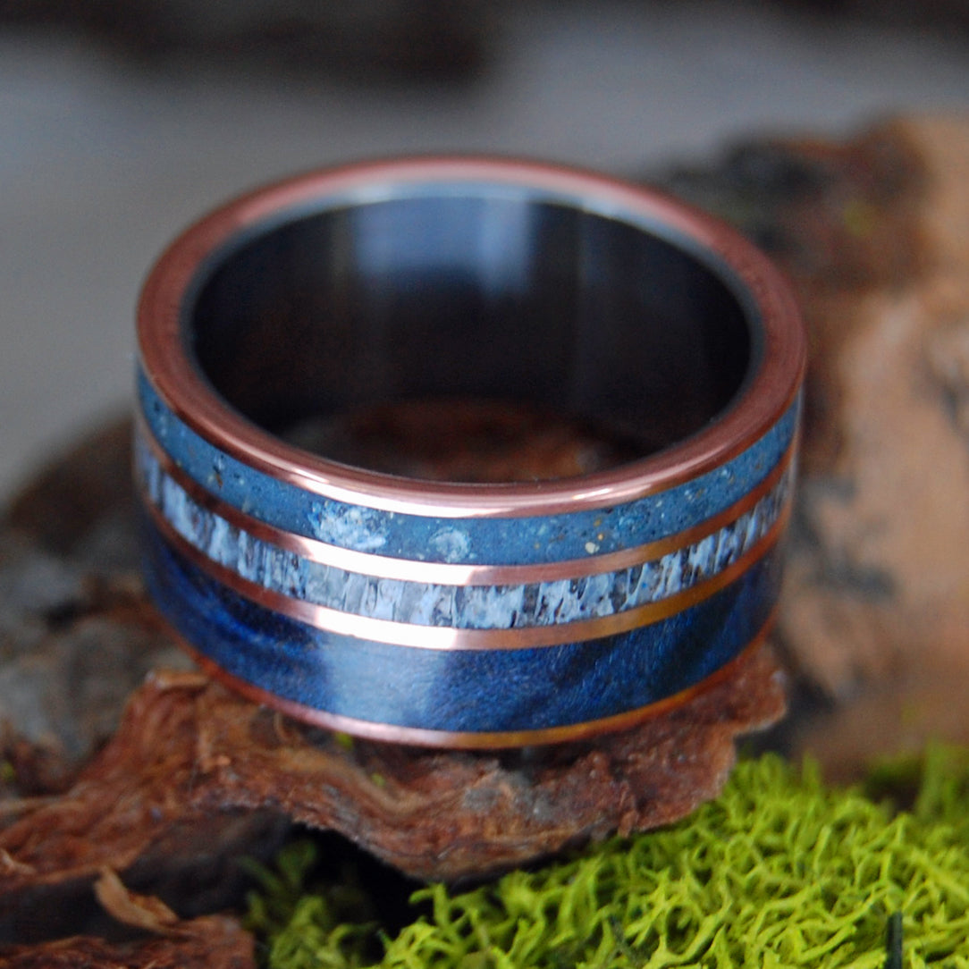 MOOSE KING | Moose Antler & Blue Maple Wood & Beach Sand - Unique Wedding Rings - Minter and Richter Designs