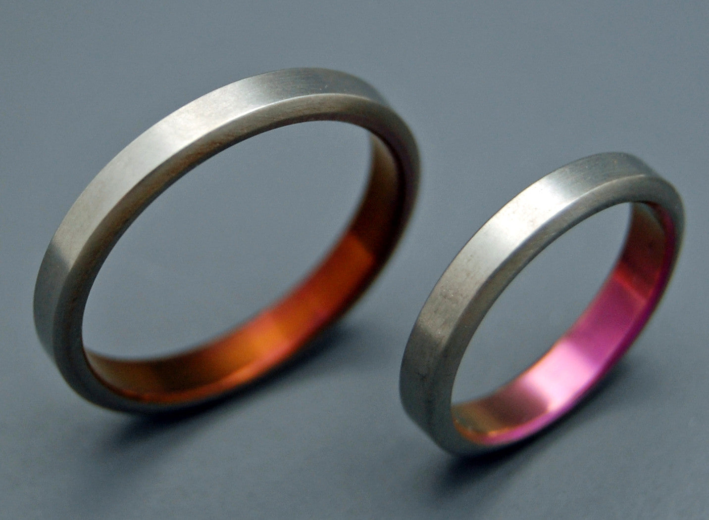 CINNAMON & SPICE | Bronze & Pink Anodized Titanium Wedding Rings - His & Hers Wedding Band Set - Minter and Richter Designs
