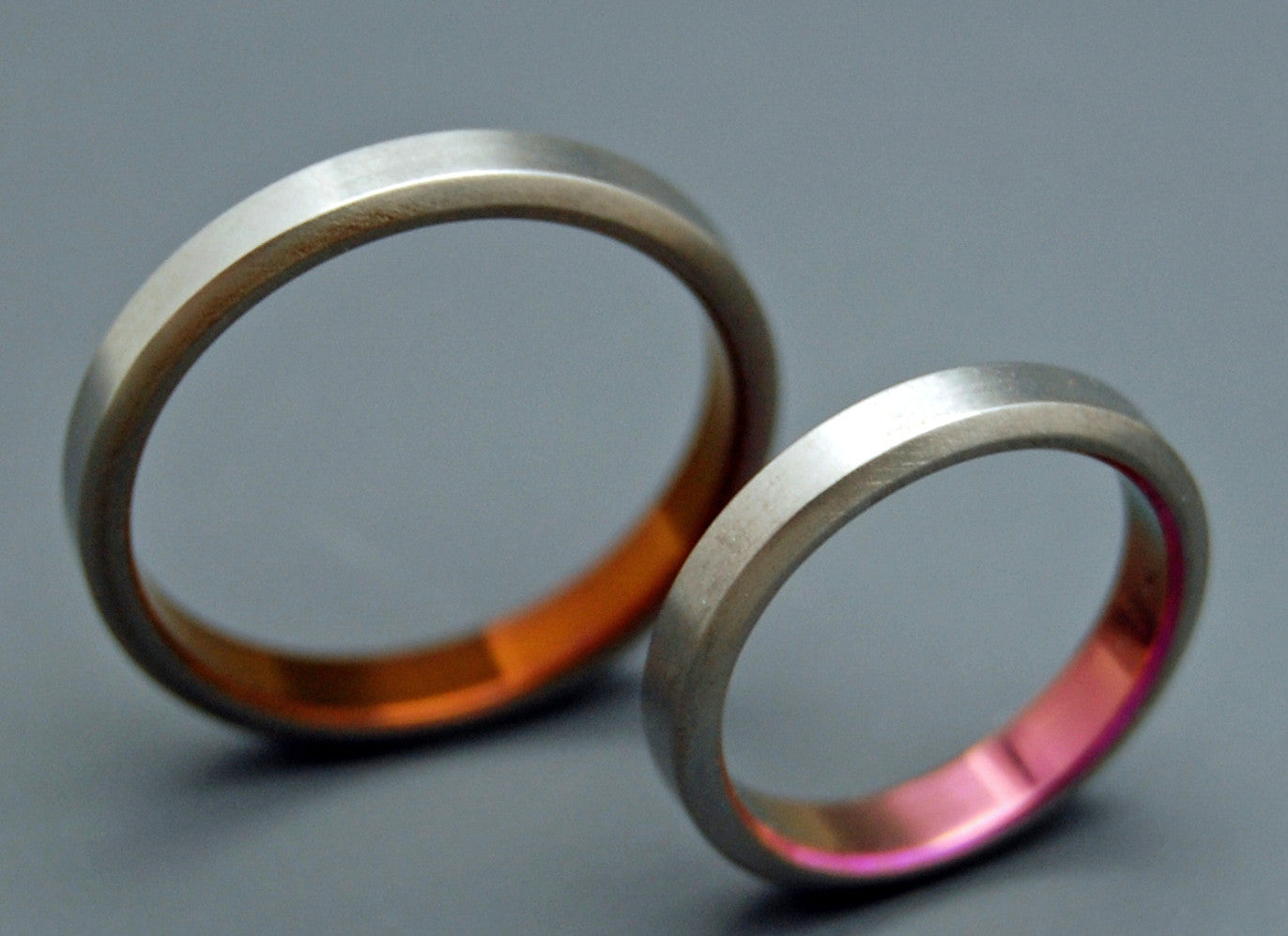 CINNAMON & SPICE | Bronze & Pink Anodized Titanium Wedding Rings - His & Hers Wedding Band Set - Minter and Richter Designs