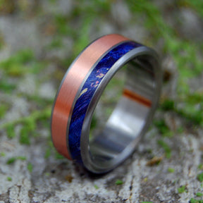 COPPER SHORE | Copper & Blue Box Elder Wood Titanium Wedding Rings - Minter and Richter Designs
