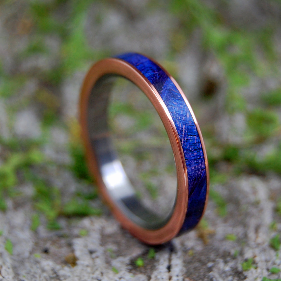 COPPER SEA |  Blue Box Elder Wood & Copper Titanium Women's Wedding Rings - Minter and Richter Designs
