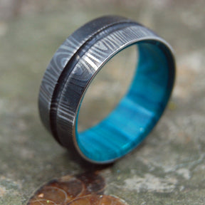 THE KNIGHT ARRIVES | Damascus & Chrysocolla Stone - Damasteel & Stone Wedding Rings - Minter and Richter Designs