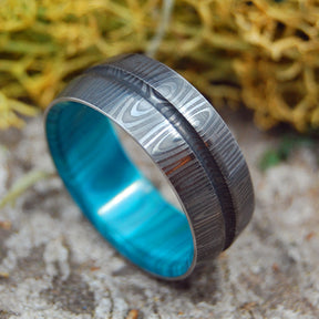 THE KNIGHT ARRIVES | Damascus & Chrysocolla Stone - Damasteel & Stone Wedding Rings - Minter and Richter Designs