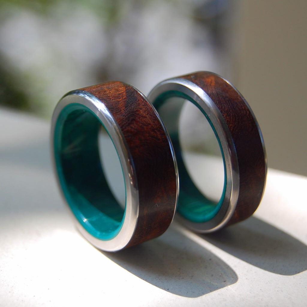 NO LITTLE LOVE | Desert Ironwood & Jade Stone Wedding Rings Unique Wedding Rings set - Minter and Richter Designs