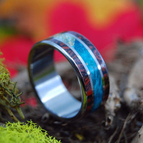 SABADO | Blue Box Elder Wood & Red and Black Mokume Gane Titanium Wedding Rings - Minter and Richter Designs