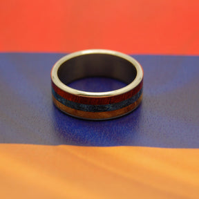 DUKHOV! | Bloodwood, Blue Box Elder Wood & Light Orange Maple Titanium Wedding Ring - Minter and Richter Designs