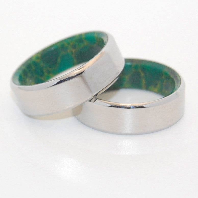 FOREVER BY MY SIDE | Jade Stone & Titanium Wedding Rings Set - Minter and Richter Designs