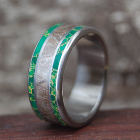 GOLDEN STAR TRAIL | Meteorite & Gold Webbed Jade Titanium Men's Wedding Rings - Minter and Richter Designs