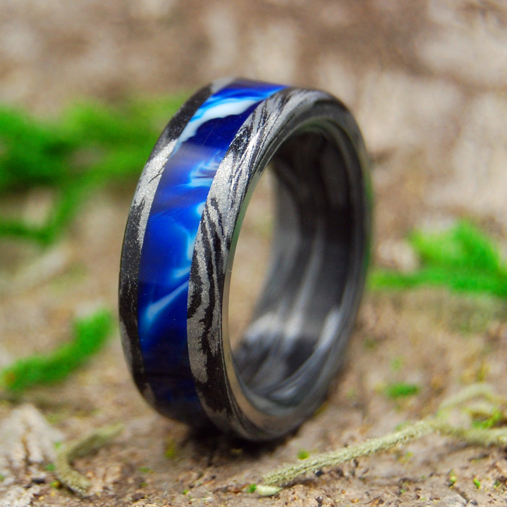 GREEK GOD VINTAGE | Vintage Blue Marbled Resin Black M3 Titanium Wedding Rings - Minter and Richter Designs