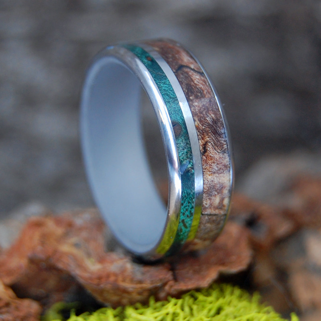TWO MAPLES | Green Maple & Spalted Maple Wood - Titanium Wedding Ring - Minter and Richter Designs