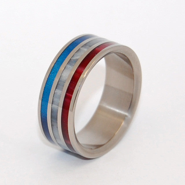 PATRIOT | Gray Pearl Opalescent, Red & Blue Marbled Resin - Handcrafted Titanium Wedding Rings - Minter and Richter Designs
