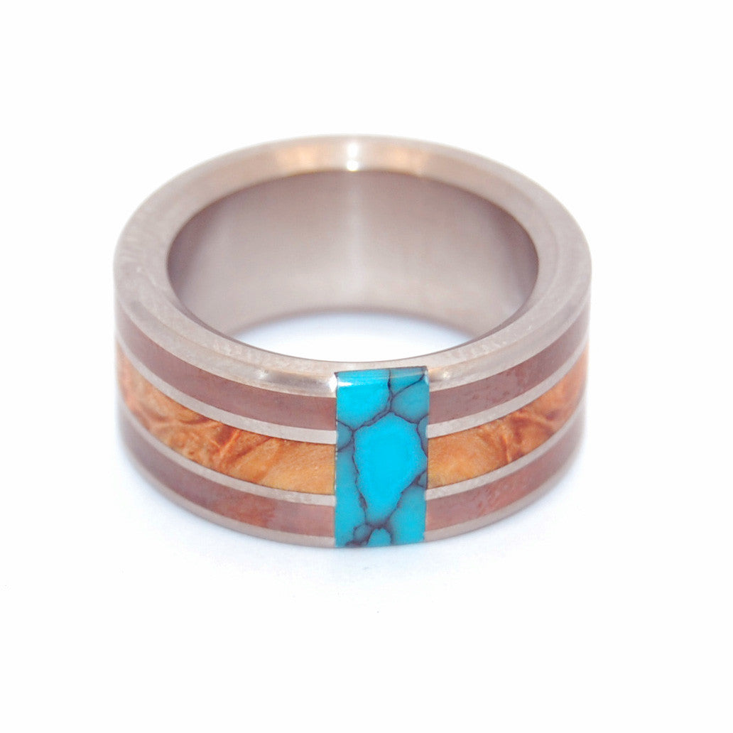 GOOD MAN | Golden Box Elder, Copper & Turquoise Titanium Rings, Unique Wedding Rings - Minter and Richter Designs