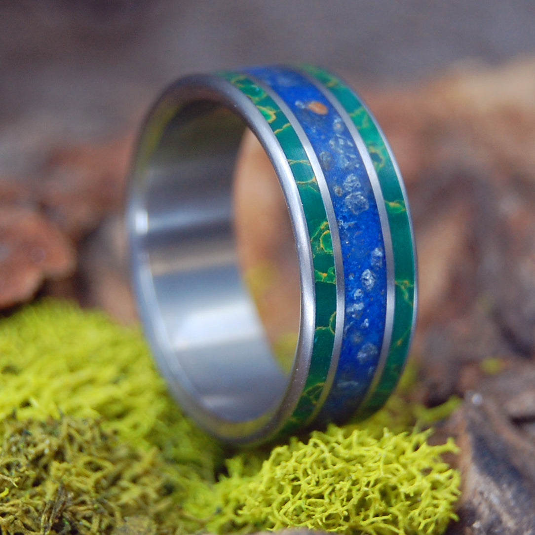 HERRING COVE BLUE | Blue Beach Sand & Egyptian Jade - Titanium Wedding Rings - Minter and Richter Designs