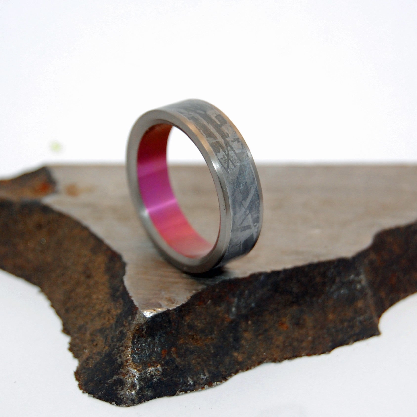 HEAVY HITTER | Meteorite & Pink Anodized Titanium Rings, Unique Men's Wedding Bands - Minter and Richter Designs