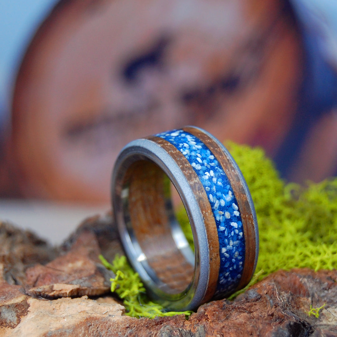 BULLY BOY DRINKS ON THE BEACH with added interior edges | Whiskey Barrel Wood Titanium Wedding Rings - Minter and Richter Designs