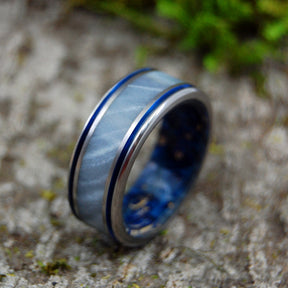 HURRICANE LOVE | Box Elder Wood & Gray Pearl Opalescent Blue Wedding Rings - Minter and Richter Designs