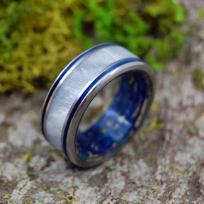 HURRICANE LOVE | Box Elder Wood & Gray Pearl Opalescent Blue Wedding Rings - Minter and Richter Designs