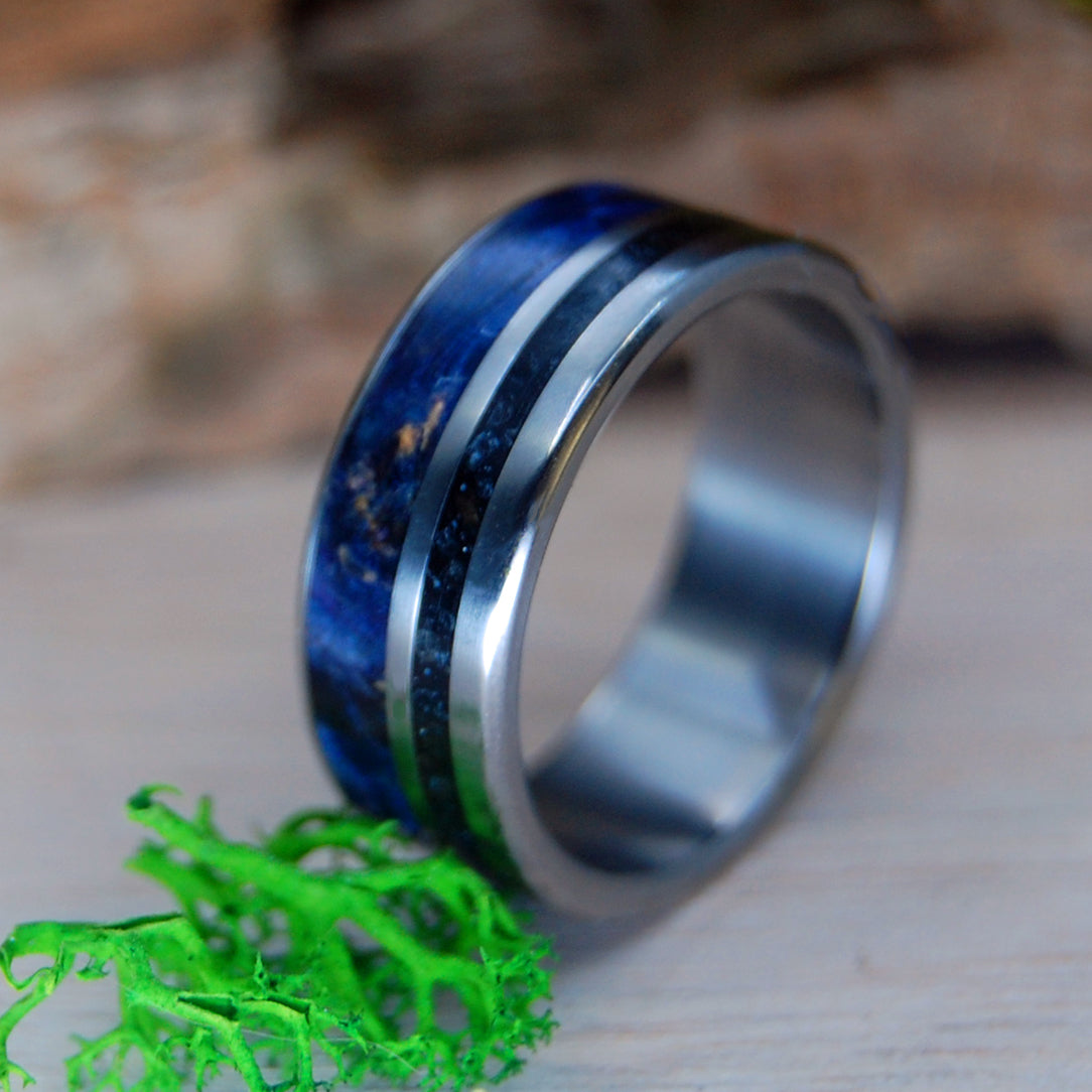 ICELAND BLUE | Blue Box Elder Wood & Icelandic Sand Titanium Wedding Ring - Minter and Richter Designs