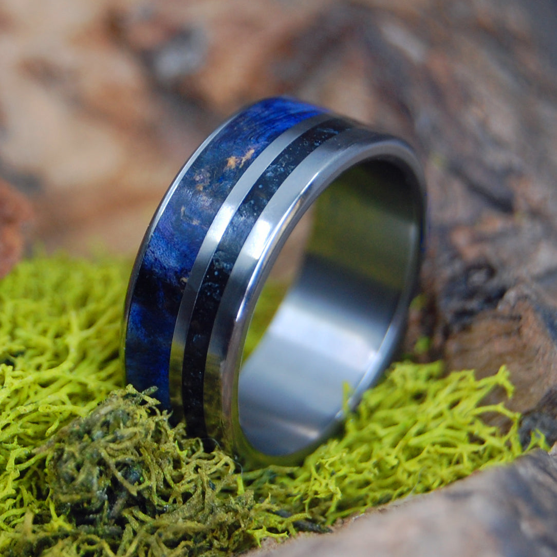 ICELAND BLUE | Blue Box Elder Wood & Icelandic Sand Titanium Wedding Ring - Minter and Richter Designs