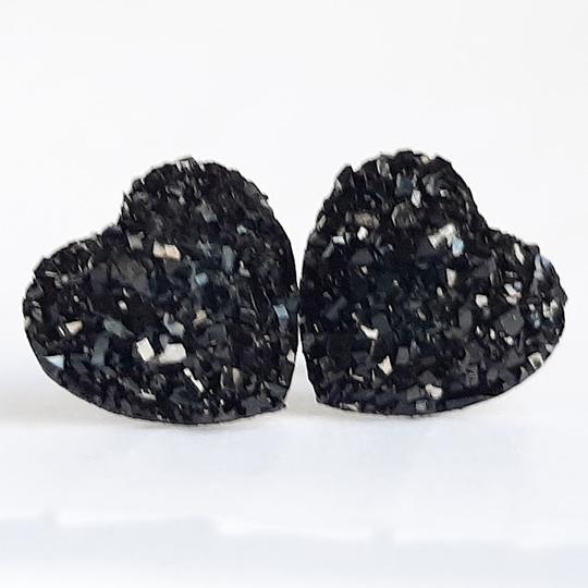 BLACK SPARKLE DRUZY HEART STUD EARRINGS | Earrings - Titanium and Resin Earrings - Valentines Day - Minter and Richter Designs
