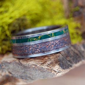 INOX RELISH AND REPLENISH | Beaten Copper & Egyptian Jade - Unique Wedding Rings - Minter and Richter Designs